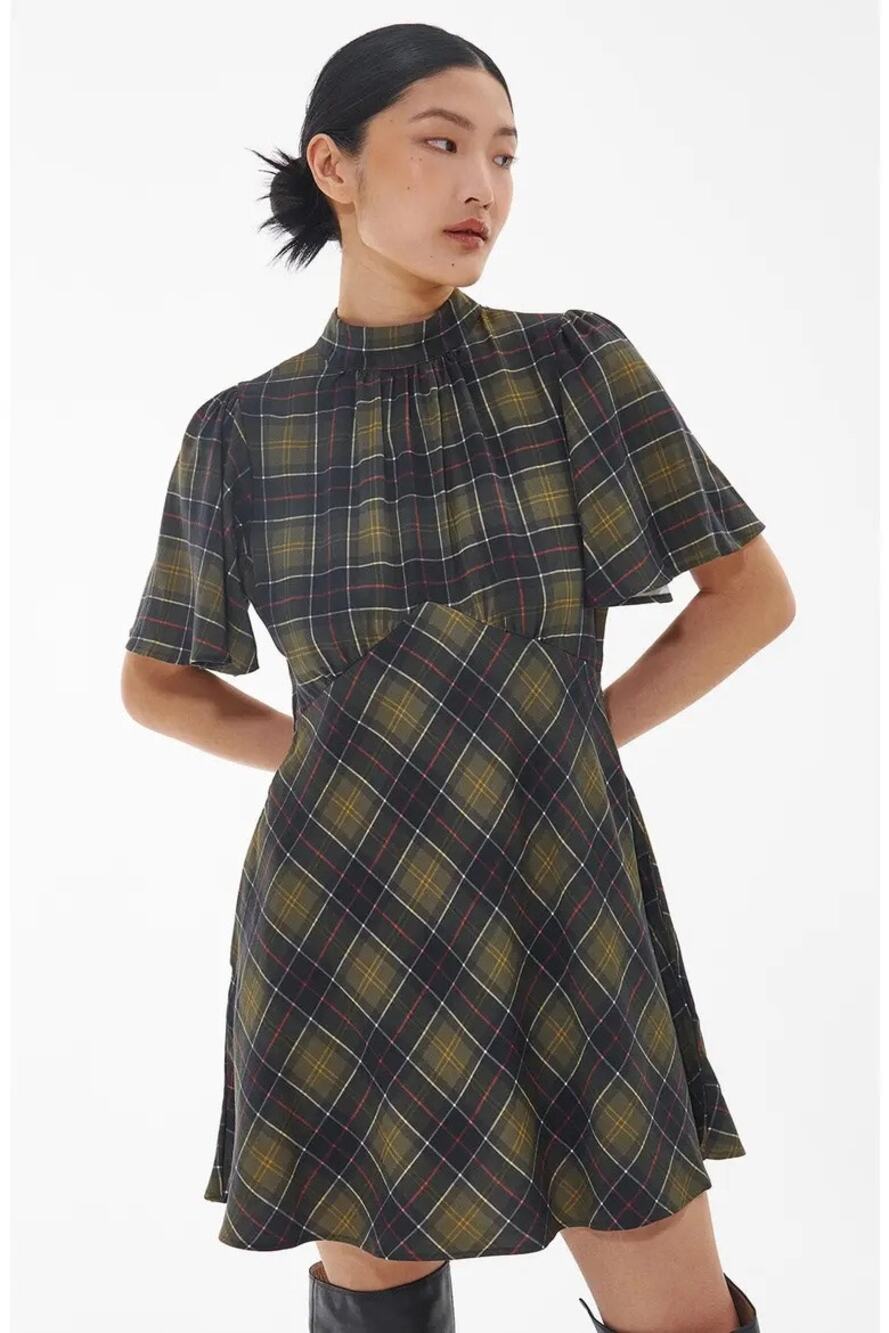 Barbour 6 Green Multicolor Plaid Orton Flutter Sleeve Babydoll A-Line Mini Dress